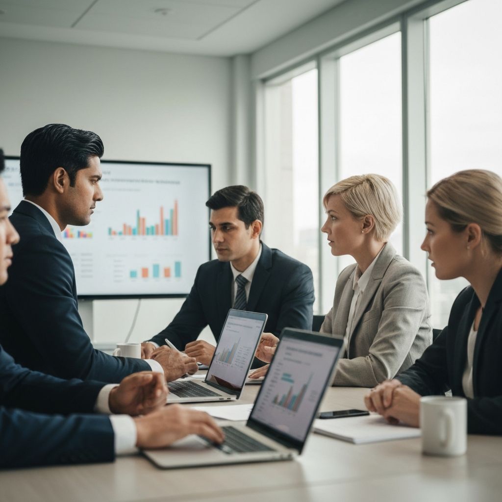 Reunión de equipo financiero discutiendo estrategias de implementación de BI